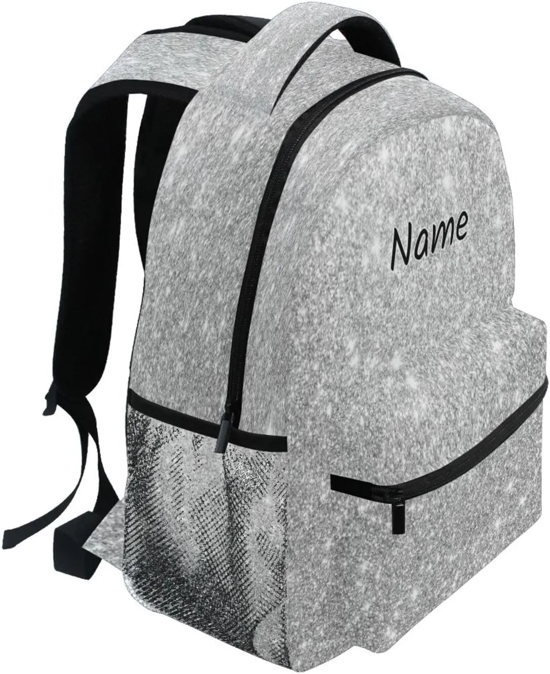 Pfrewn Custom Backpacks Personalized Silver Glitter Printed Bookbag with Name Boys Girls School Backpack 17"