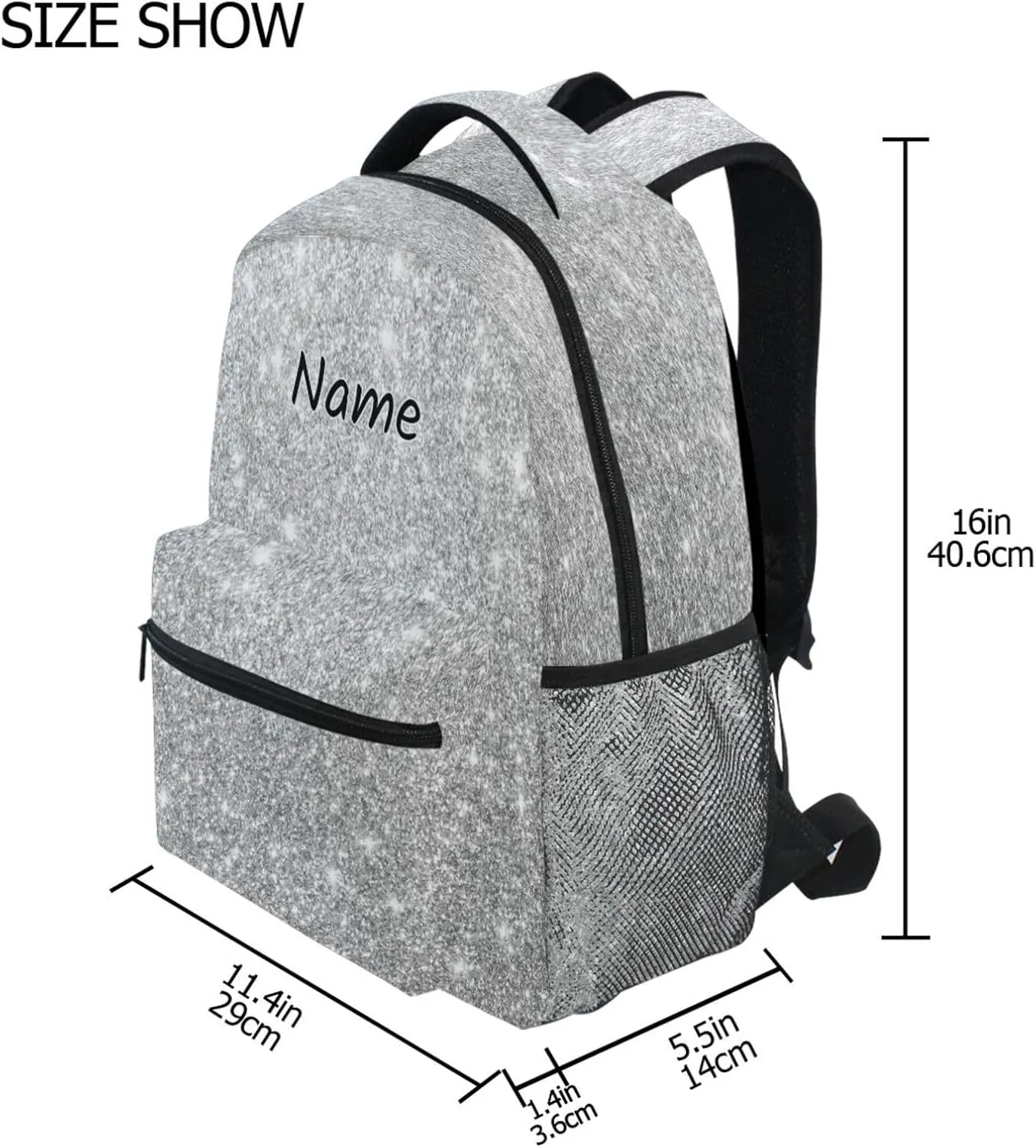 Pfrewn Custom Backpacks Personalized Silver Glitter Printed Bookbag with Name Boys Girls School Backpack 17"