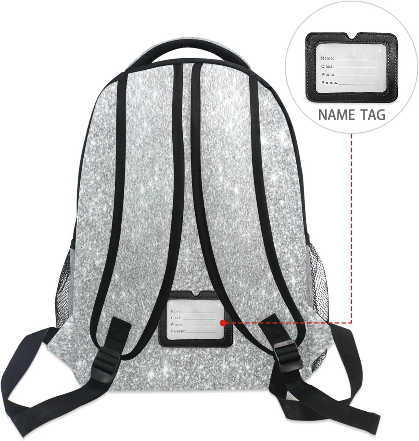 Pfrewn Custom Backpacks Personalized Silver Glitter Printed Bookbag with Name Boys Girls School Backpack 17"