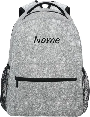 Pfrewn Custom Backpacks Personalized Silver Glitter Printed Bookbag with Name Boys Girls School Backpack 17"