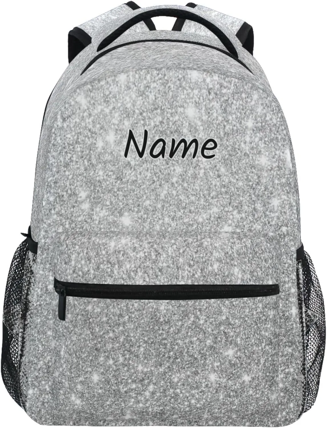 Pfrewn Custom Backpacks Personalized Silver Glitter Printed Bookbag with Name Boys Girls School Backpack 17"