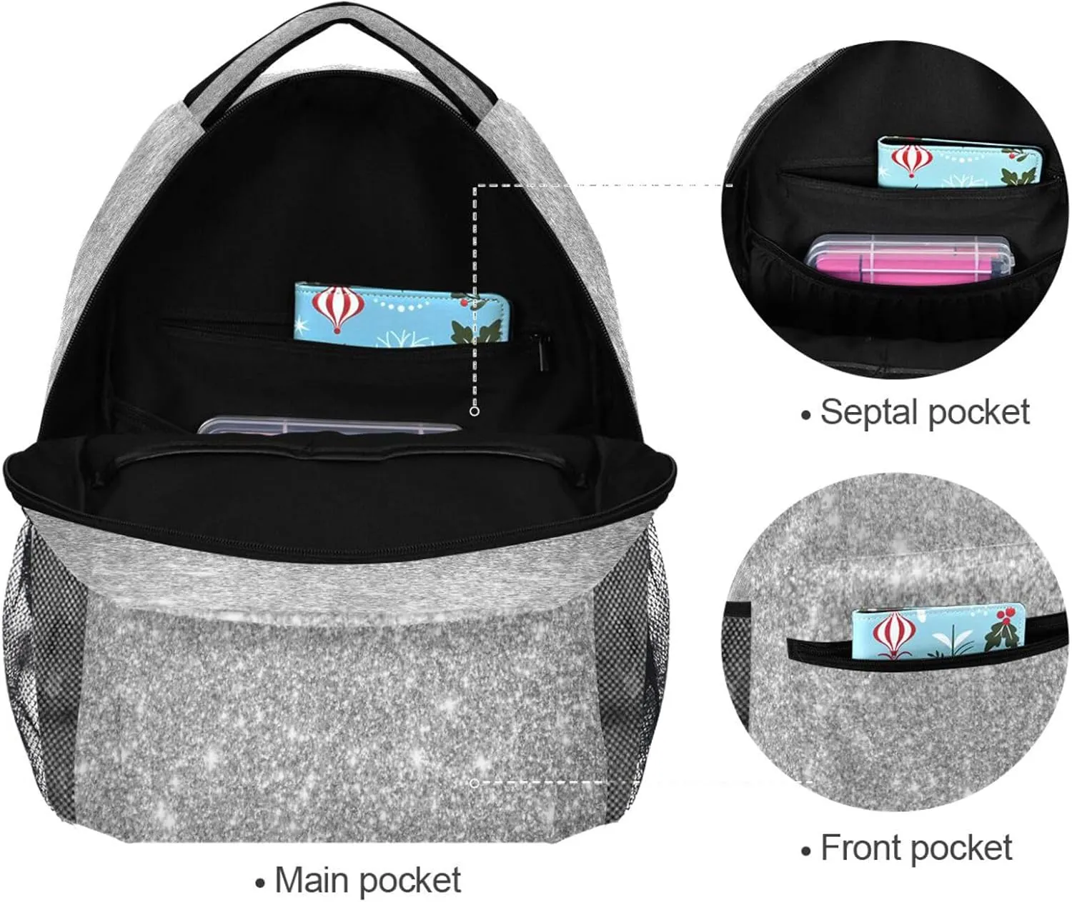 Pfrewn Custom Backpacks Personalized Silver Glitter Printed Bookbag with Name Boys Girls School Backpack 17"