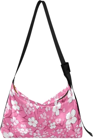 Pink Flower Florals Tote Bag for Women Large Hobo Bags Leather Crossbody Bags Leather Hobo Bags with Adjustable Strap for School Women
