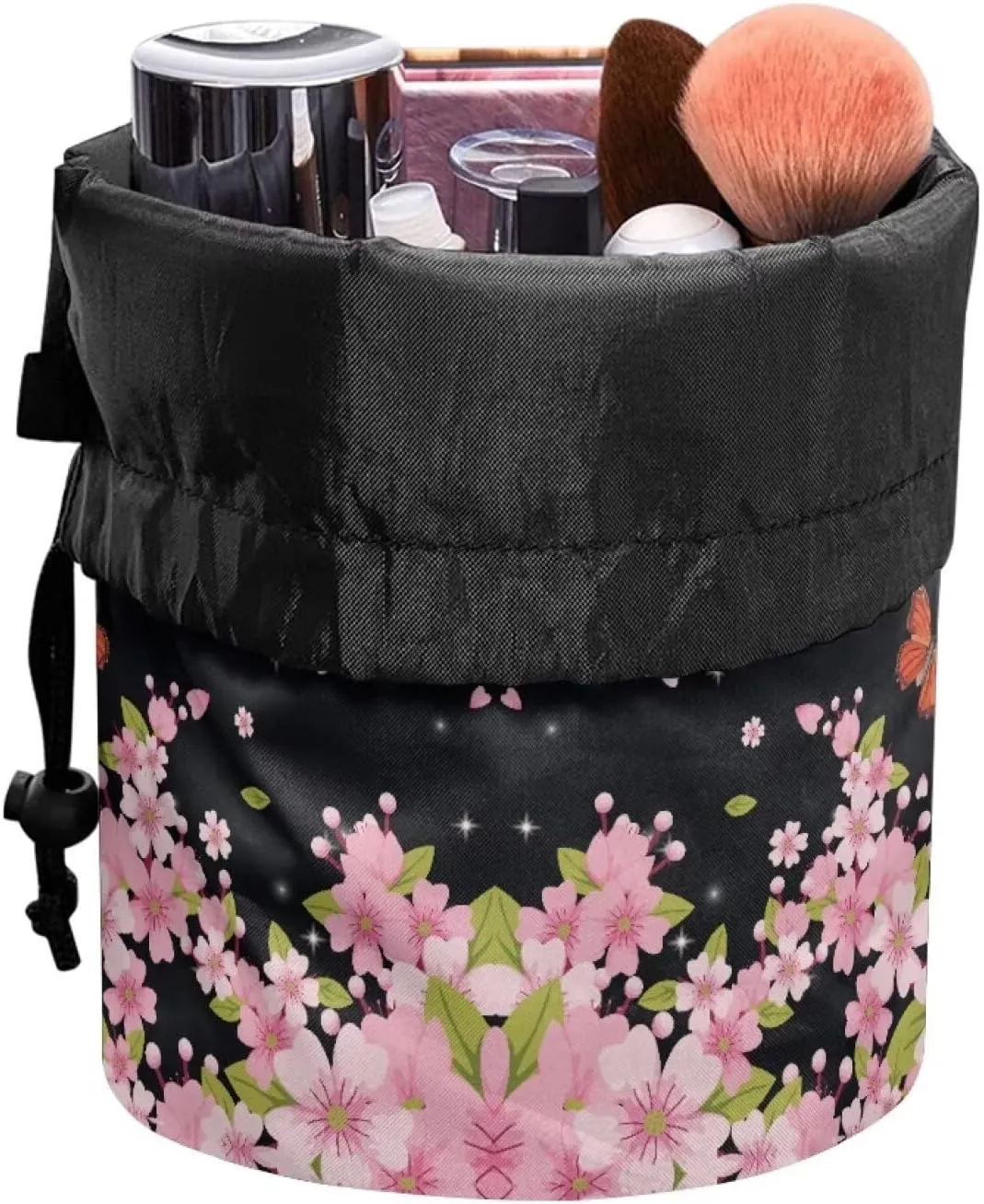 Portable Drawstring Barrel Cosmetic Bag Hummingbird Cherry Blossom Print Travel Makeup Organizer Case Lightweight Toiletries Accessories for Travel Outdoor