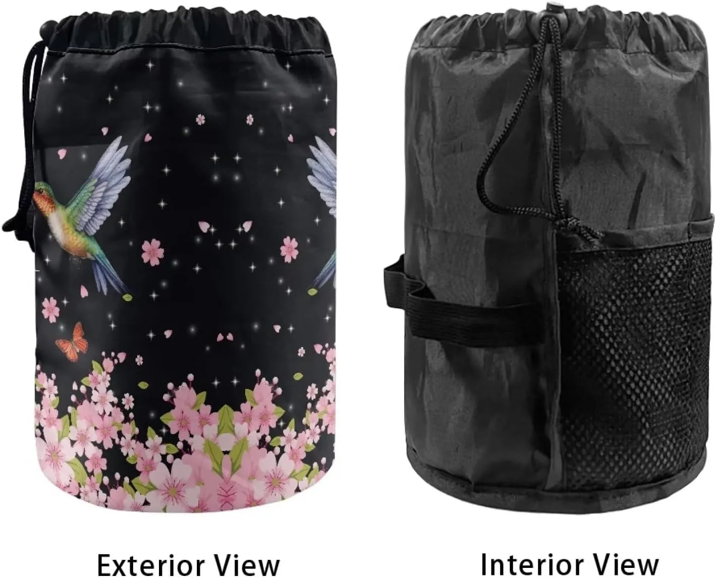 Portable Drawstring Barrel Cosmetic Bag Hummingbird Cherry Blossom Print Travel Makeup Organizer Case Lightweight Toiletries Accessories for Travel Outdoor