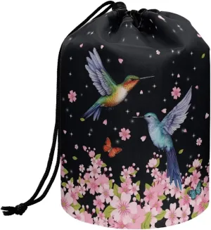 Portable Drawstring Barrel Cosmetic Bag Hummingbird Cherry Blossom Print Travel Makeup Organizer Case Lightweight Toiletries Accessories for Travel Outdoor