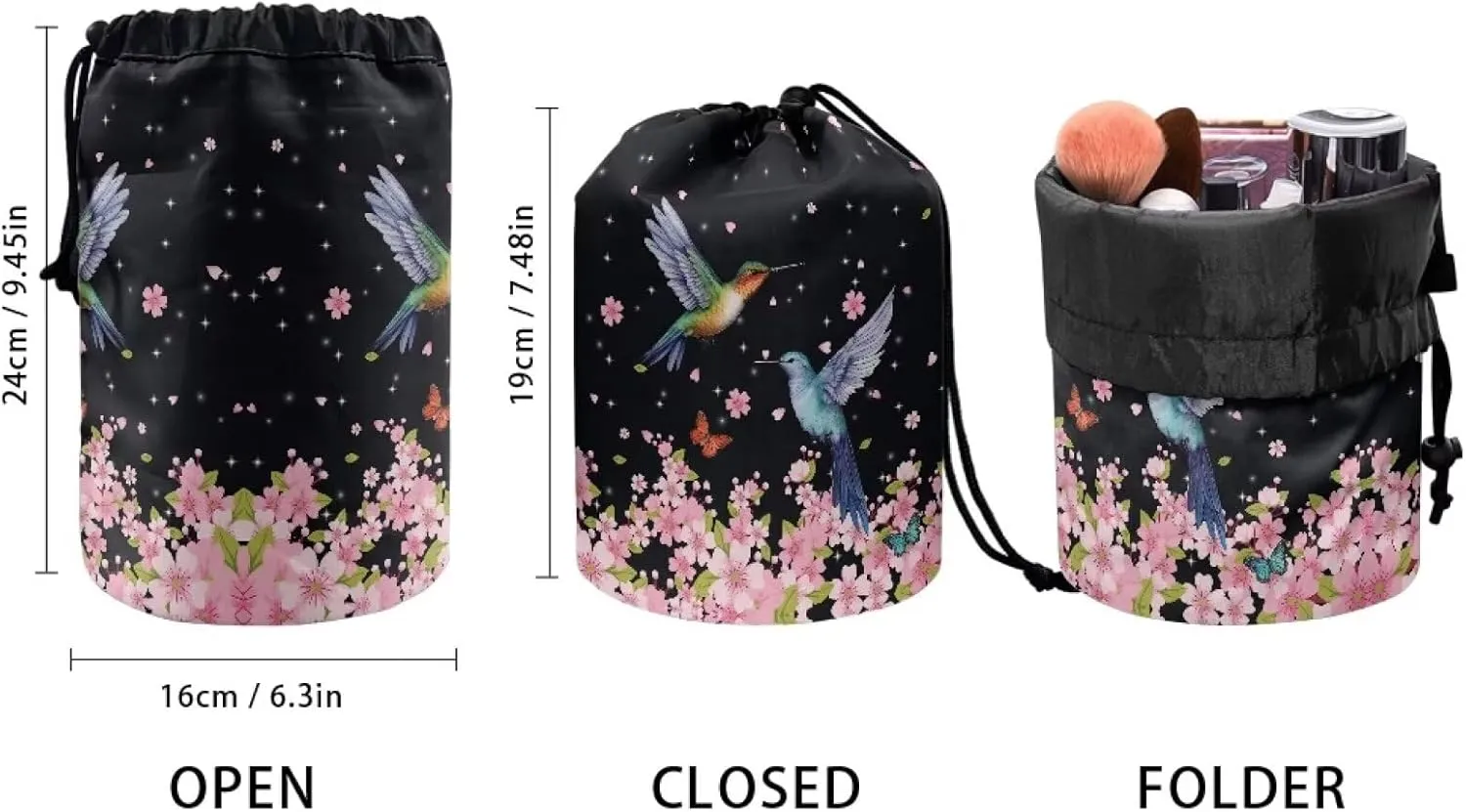 Portable Drawstring Barrel Cosmetic Bag Hummingbird Cherry Blossom Print Travel Makeup Organizer Case Lightweight Toiletries Accessories for Travel Outdoor
