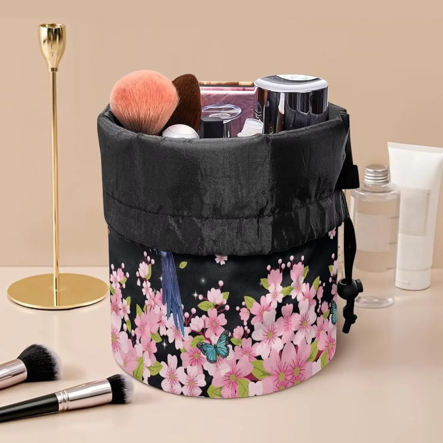 Portable Drawstring Barrel Cosmetic Bag Hummingbird Cherry Blossom Print Travel Makeup Organizer Case Lightweight Toiletries Accessories for Travel Outdoor