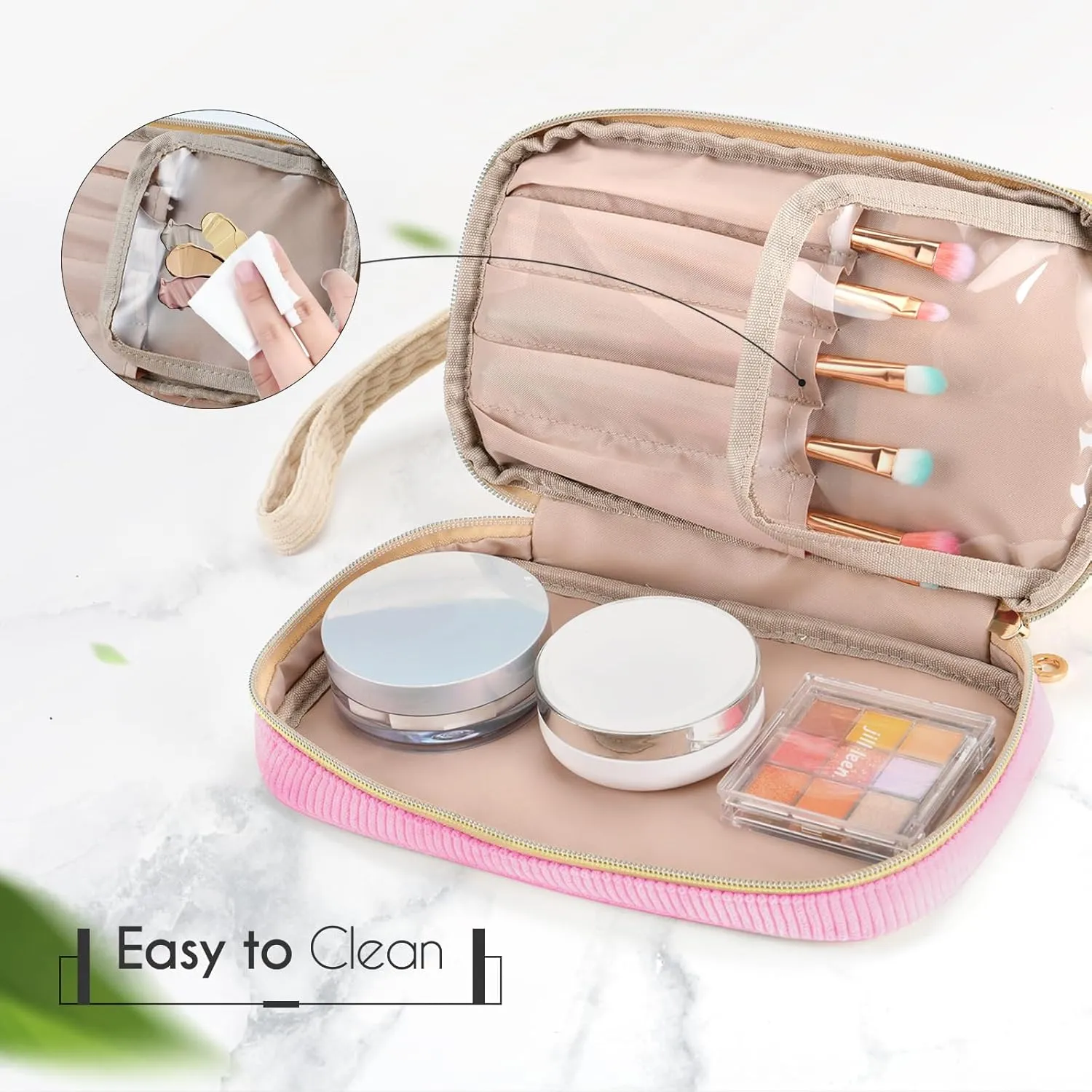 Preppy Travel Makeup Bag Initials Valentines Day Gifts, Personalized Large Double Layer Cosmetic Bag Gift for Women, Wide-open Makeup Pouch Organizer Bag for Girls, Roomy Make up Bags Pink - K