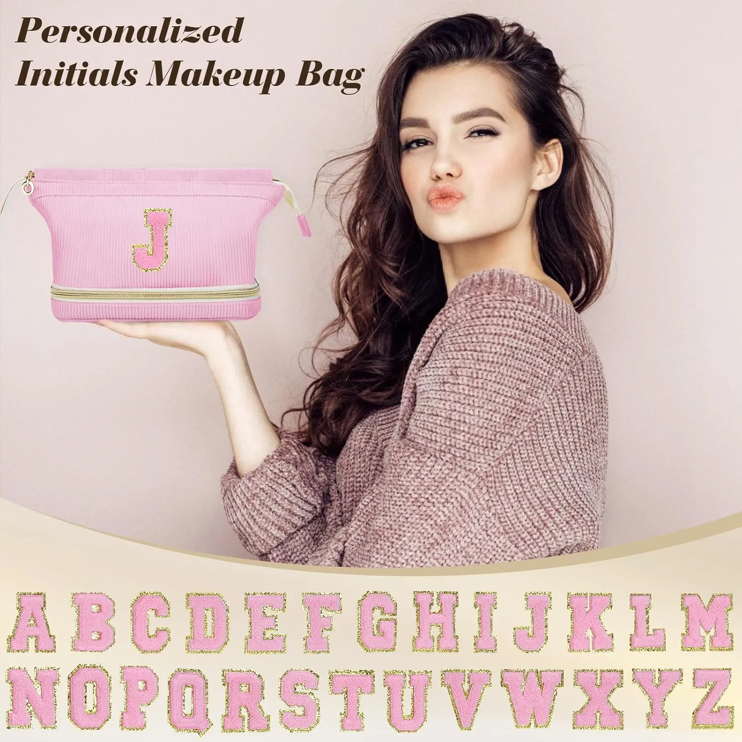 Preppy Travel Makeup Bag Initials Valentines Day Gifts, Personalized Large Double Layer Cosmetic Bag Gift for Women, Wide-open Makeup Pouch Organizer Bag for Girls, Roomy Make up Bags Pink - K