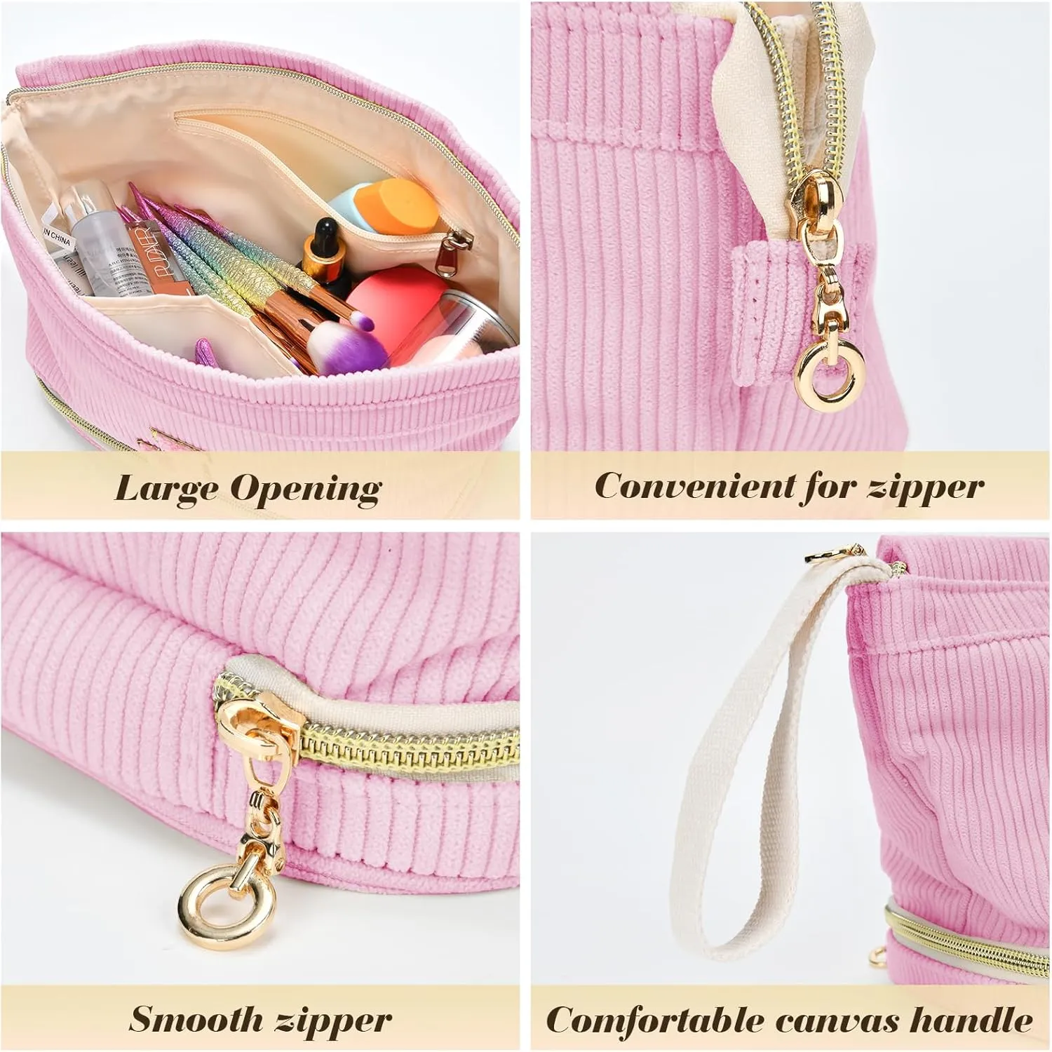 Preppy Travel Makeup Bag Initials Valentines Day Gifts, Personalized Large Double Layer Cosmetic Bag Gift for Women, Wide-open Makeup Pouch Organizer Bag for Girls, Roomy Make up Bags Pink - K