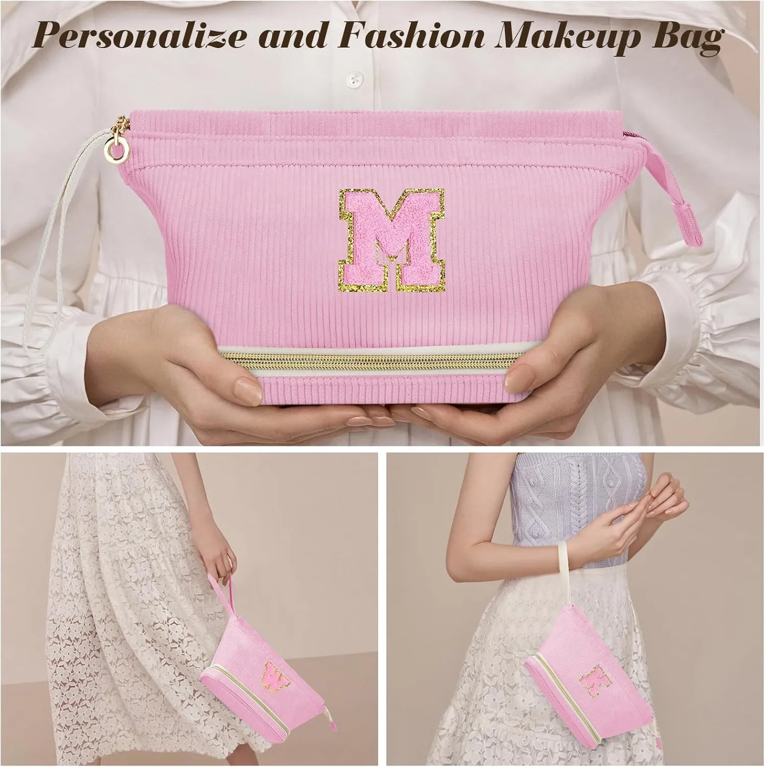 Preppy Travel Makeup Bag Initials Valentines Day Gifts, Personalized Large Double Layer Cosmetic Bag Gift for Women, Wide-open Makeup Pouch Organizer Bag for Girls, Roomy Make up Bags Pink - K