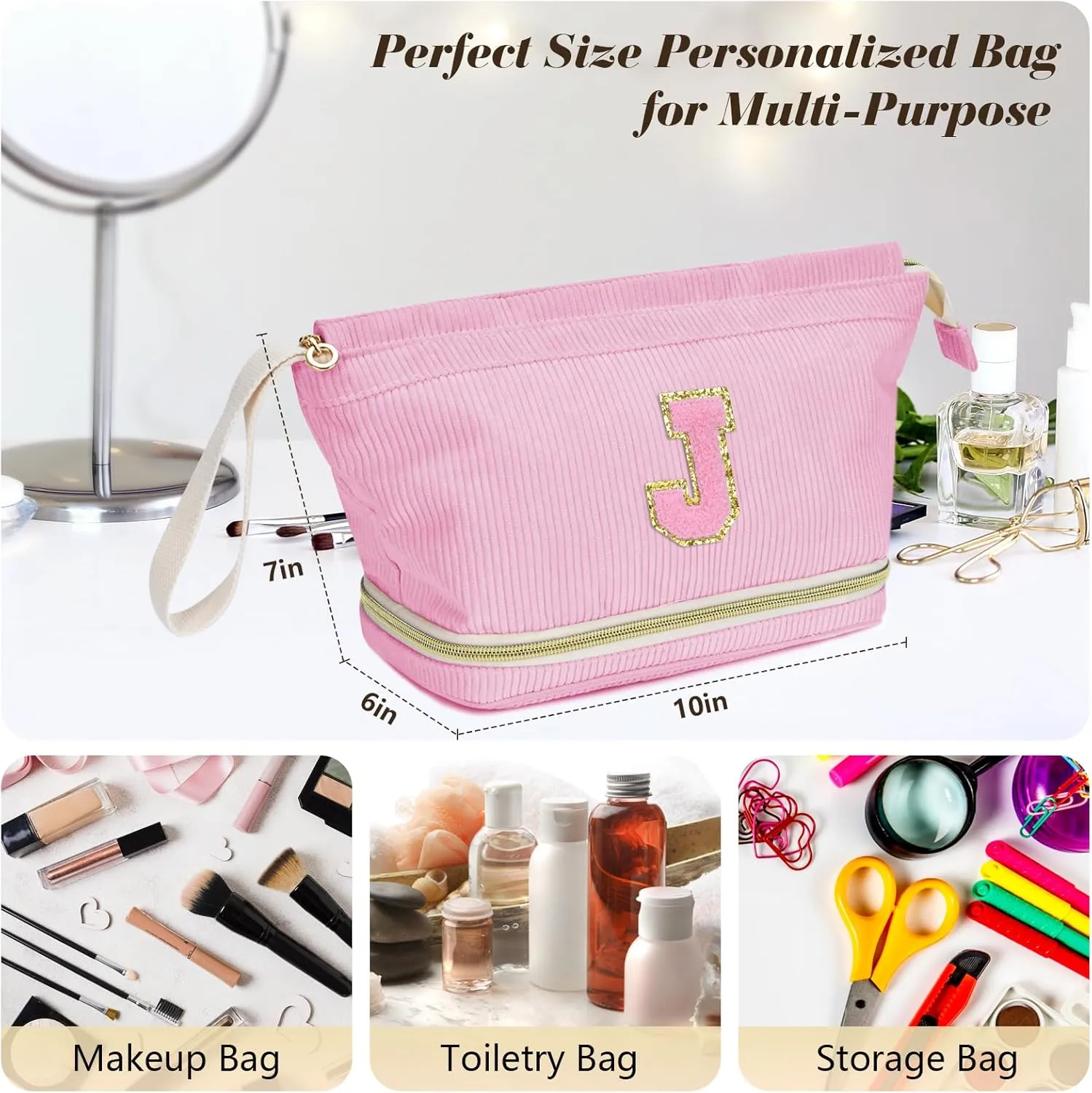 Preppy Travel Makeup Bag Initials Valentines Day Gifts, Personalized Large Double Layer Cosmetic Bag Gift for Women, Wide-open Makeup Pouch Organizer Bag for Girls, Roomy Make up Bags Pink - K