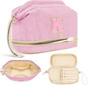 Preppy Travel Makeup Bag Initials Valentines Day Gifts, Personalized Large Double Layer Cosmetic Bag Gift for Women, Wide-open Makeup Pouch Organizer Bag for Girls, Roomy Make up Bags Pink - K