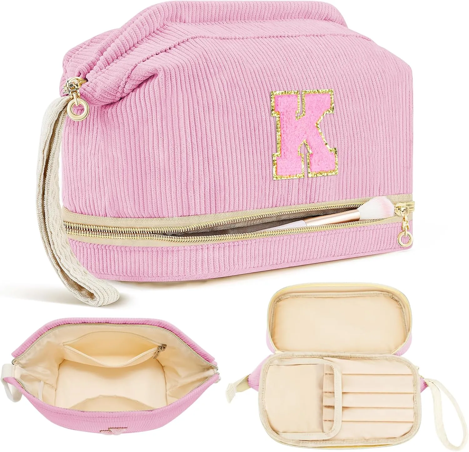 Preppy Travel Makeup Bag Initials Valentines Day Gifts, Personalized Large Double Layer Cosmetic Bag Gift for Women, Wide-open Makeup Pouch Organizer Bag for Girls, Roomy Make up Bags Pink - K
