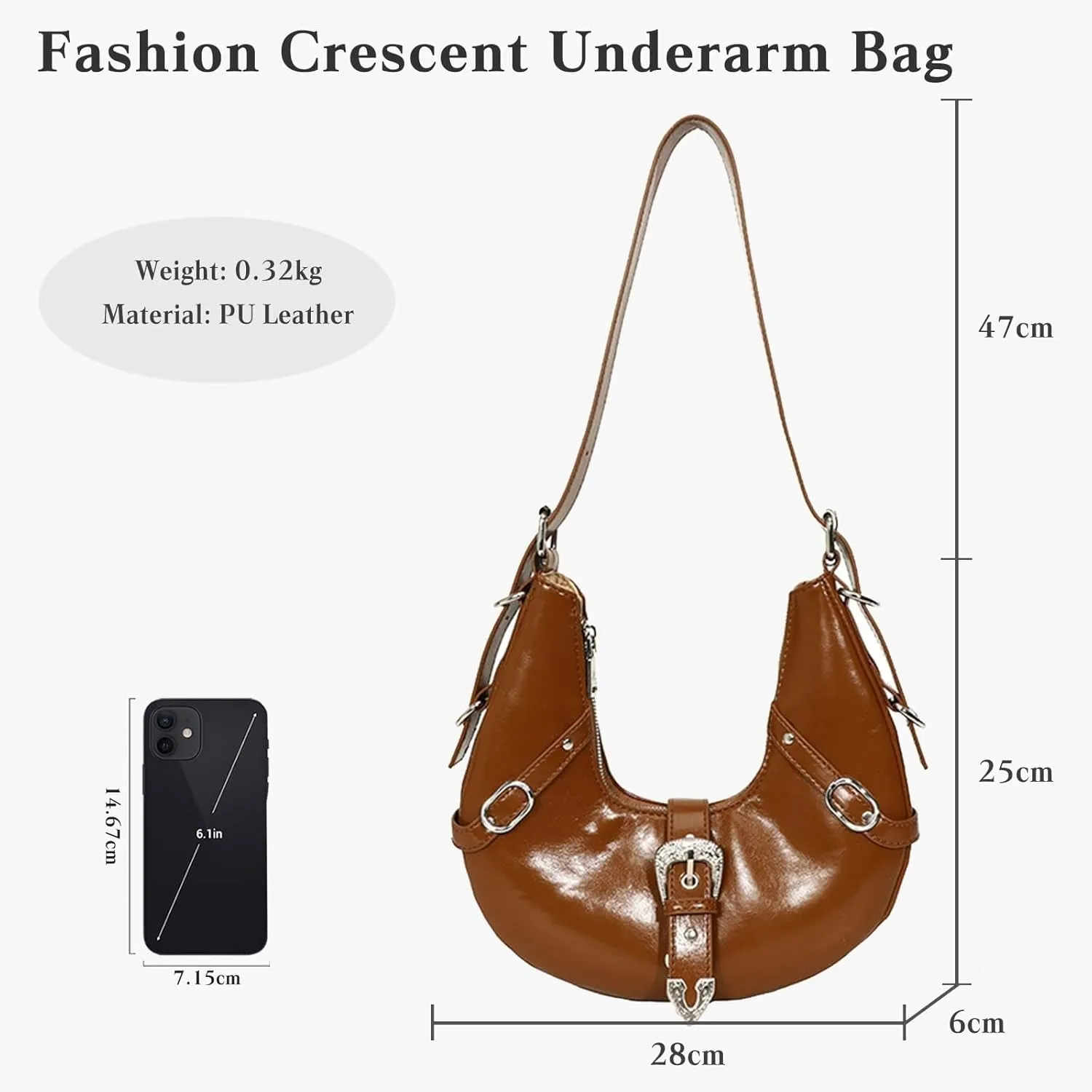 PU Leather Crossbody Tote with Adjustable Strap Elegant Underarm Fashion Women's Crescent Shoulder Retro Handbag