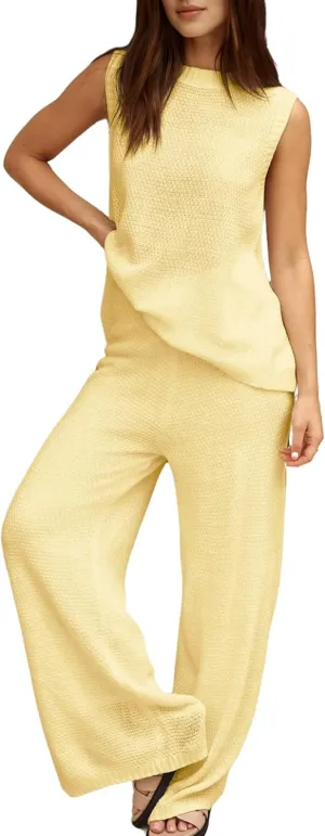 PUWEI Women's 2 Piece Lounge Set Bow Sweater Vest Wide Leg Pants Summer Matching Sets Travel Outfits Knit Tracksuit (Yellow-S)