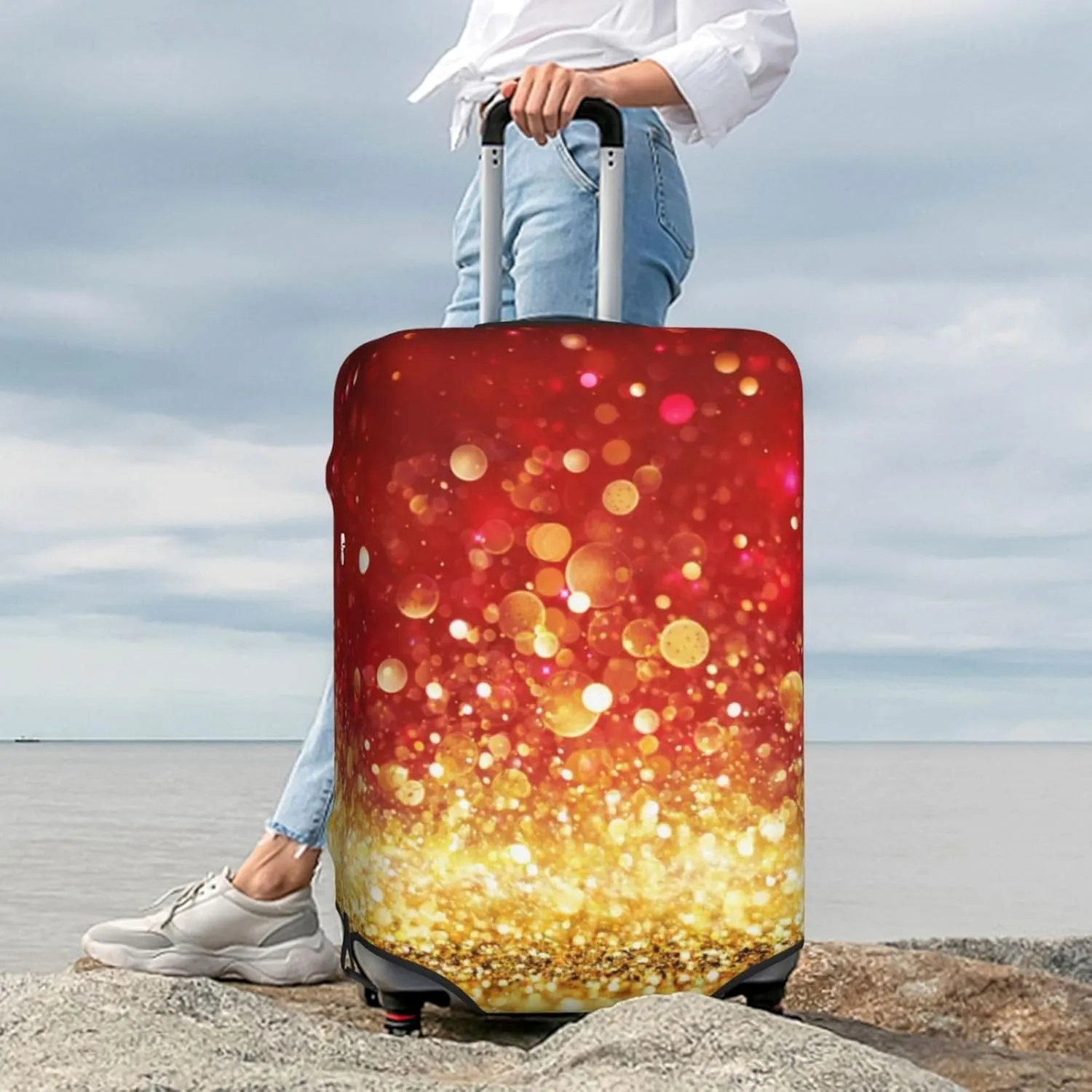 Red Gold Glitter Luggage Cover,Washable Suitcase Covers Fashion Luggage Covers,Anti-Scratch Suitcase Protector Cover