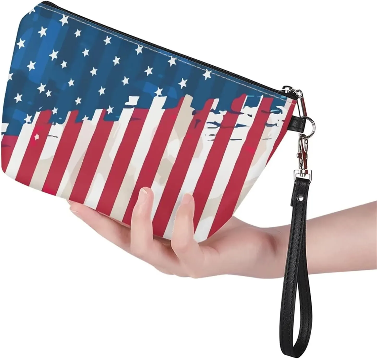 Renewold American FlagDesigns Cosmetic Bag Zipper Closure Roomy Cosmetic Bag Waterproof Pouch Travel Small Brush Case Leather Decorative Bag