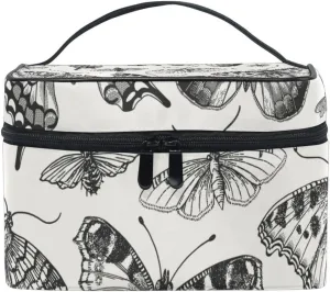 Retro Black and White Butterfly Cosmetic Bag Large Makeup Organizer Travel Toiletry Case for Women