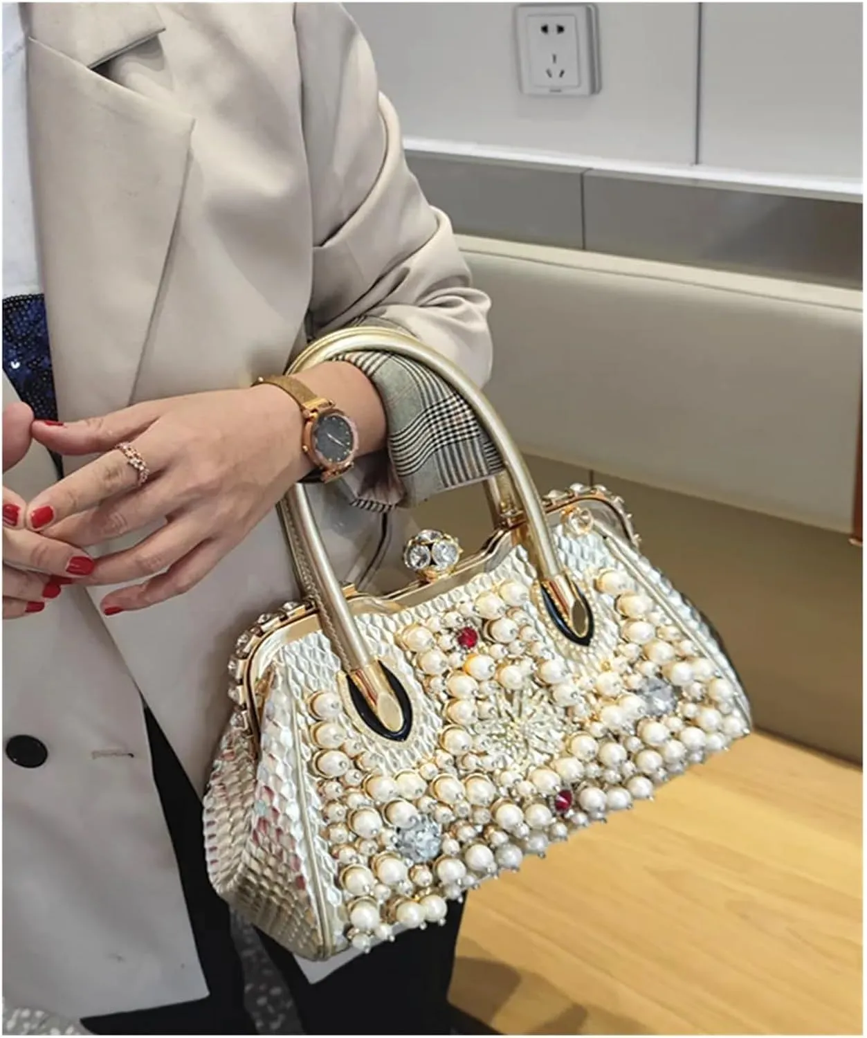 Rhinestone Bags Pearl Women's Handbag Leather Diamond Shoudler Crossbody Evening Bag Portable Rhinestone Lock Bags