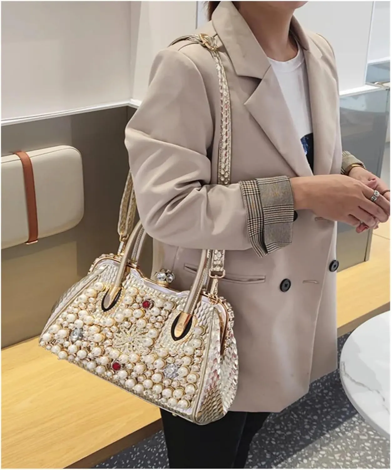 Rhinestone Bags Pearl Women's Handbag Leather Diamond Shoudler Crossbody Evening Bag Portable Rhinestone Lock Bags