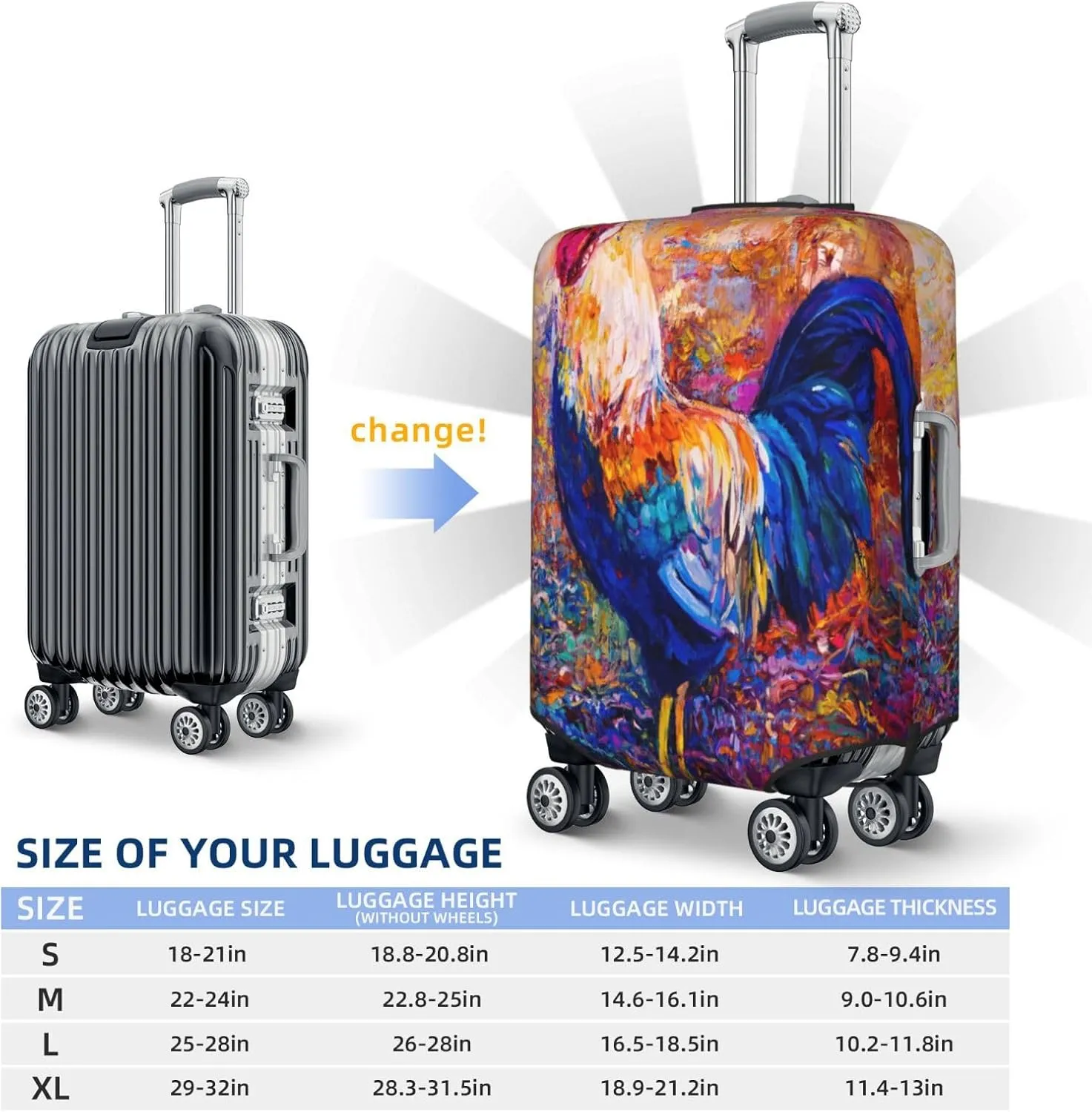 Rooster Oil Painting Luggage Cover,Washable Suitcase Covers Fashion Luggage Covers,Anti-Scratch Suitcase Protector Cover