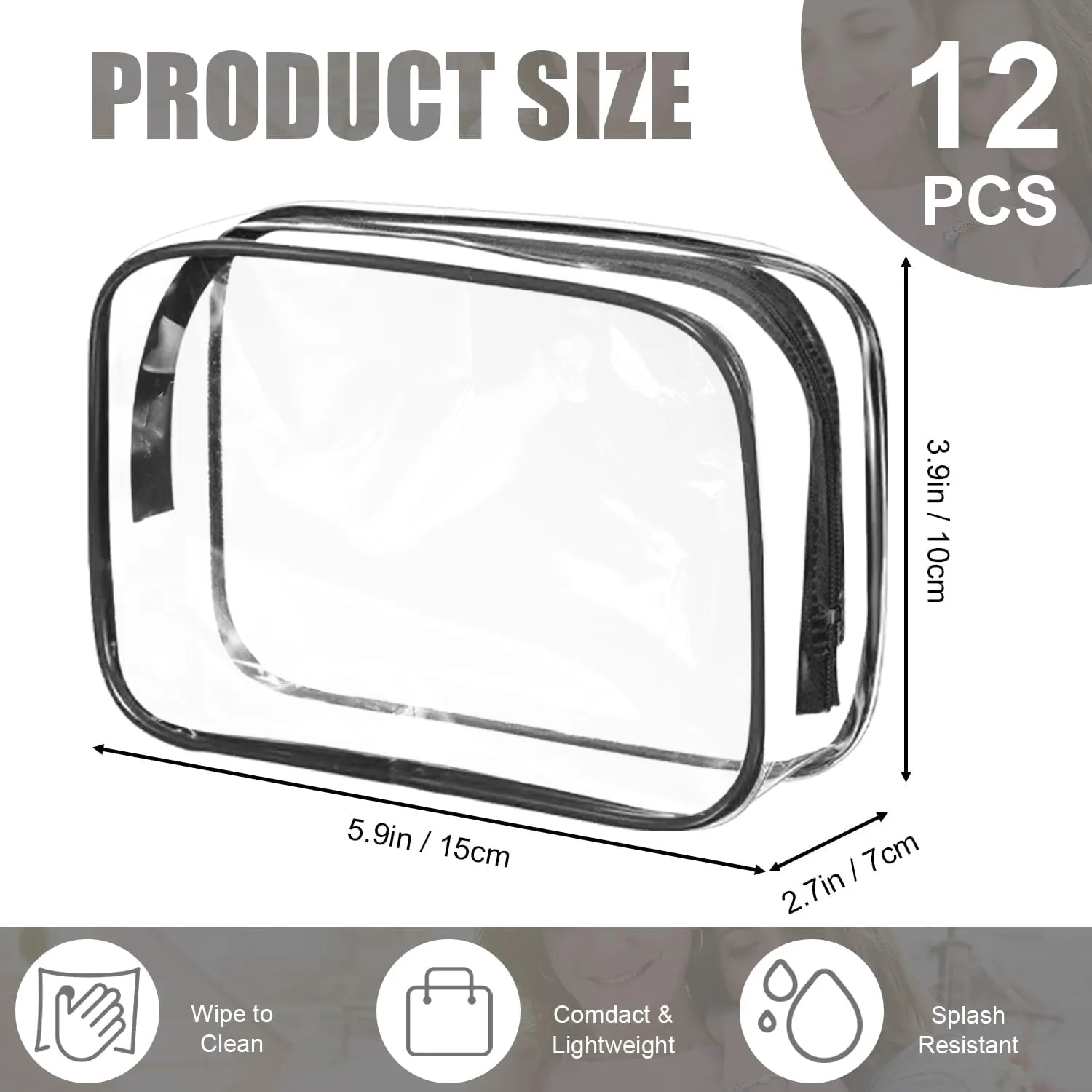 SAREAL Clear Travel Toiletry Bag Clear Makeup Bag, 12 Pcs Cosmetic Toiletry Bag Clear Makeup Organizer for Travel, Transparent Cosmetic Bag for Travel Makeup Organizer, Black