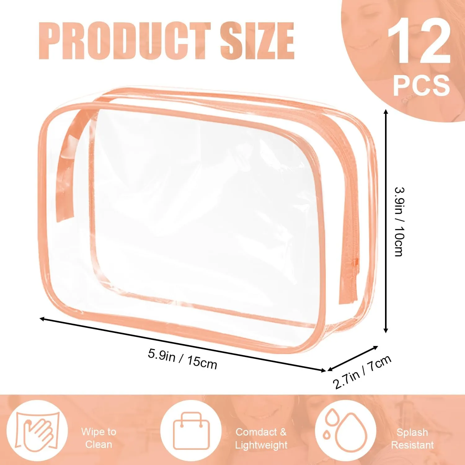 SAREAL Clear Travel Toiletry Bag Clear Makeup Bag, 12 Pcs Cosmetic Toiletry Bag Clear Makeup Organizer for Travel, Transparent Cosmetic Bag for Travel Makeup Organizer, Pink