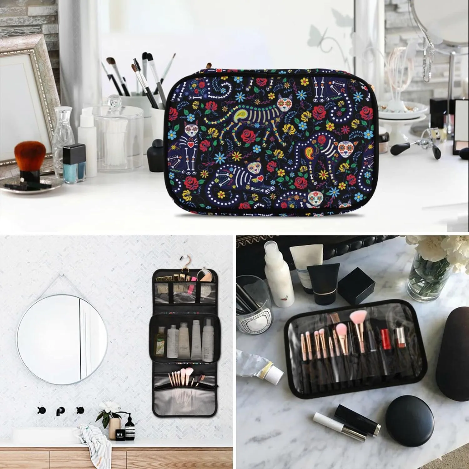 senya Cat Skull with Flowers Toiletry Bag Hanging Travel Makeup Bag 3 PCS, Portable Makeup Organizer Cosmetic Bag Clear