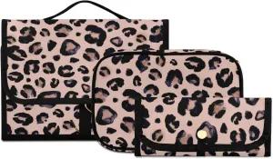 senya Leopard Pink Toiletry Bag Hanging Travel Makeup Bag 3 PCS, Portable Makeup Organizer Cosmetic Bag Clear