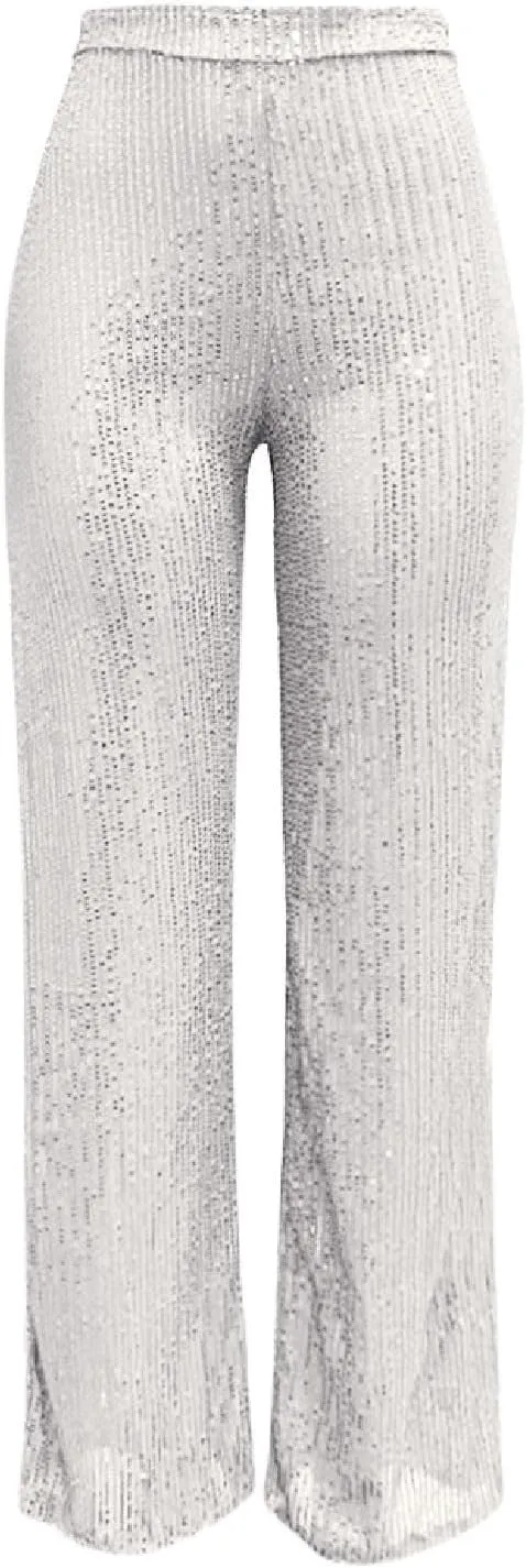 Sequin Pants Women Fashion High Waist Flowy Pants Sparkly Wide Leg Trousers Elastic Loose Side Zipper Shiny Pants