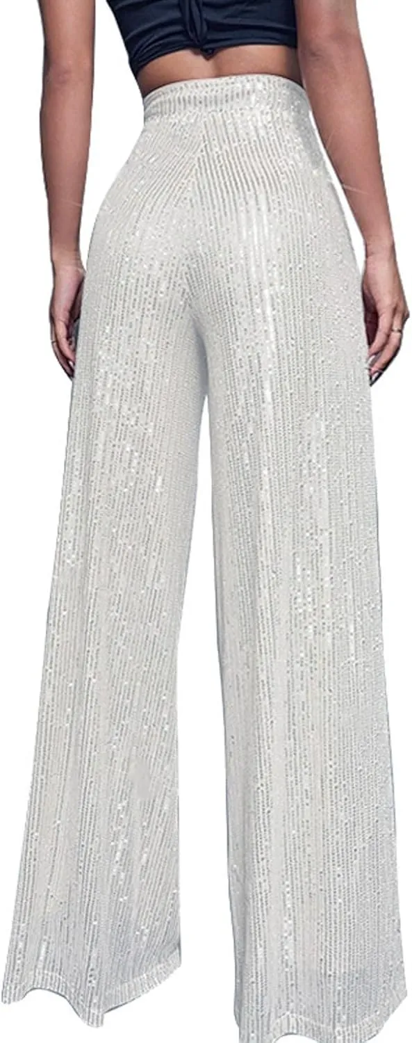 Sequin Pants Women Fashion High Waist Flowy Pants Sparkly Wide Leg Trousers Elastic Loose Side Zipper Shiny Pants