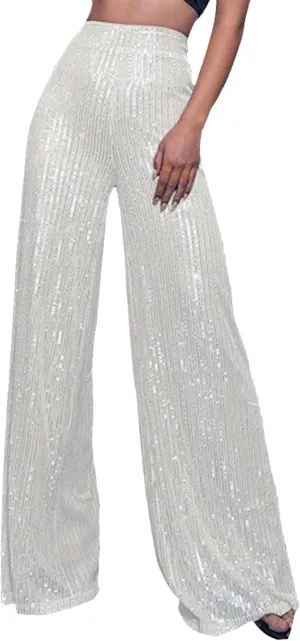 Sequin Pants Women Fashion High Waist Flowy Pants Sparkly Wide Leg Trousers Elastic Loose Side Zipper Shiny Pants