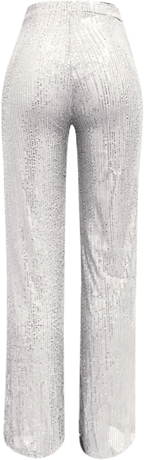 Sequin Pants Women Fashion High Waist Flowy Pants Sparkly Wide Leg Trousers Elastic Loose Side Zipper Shiny Pants