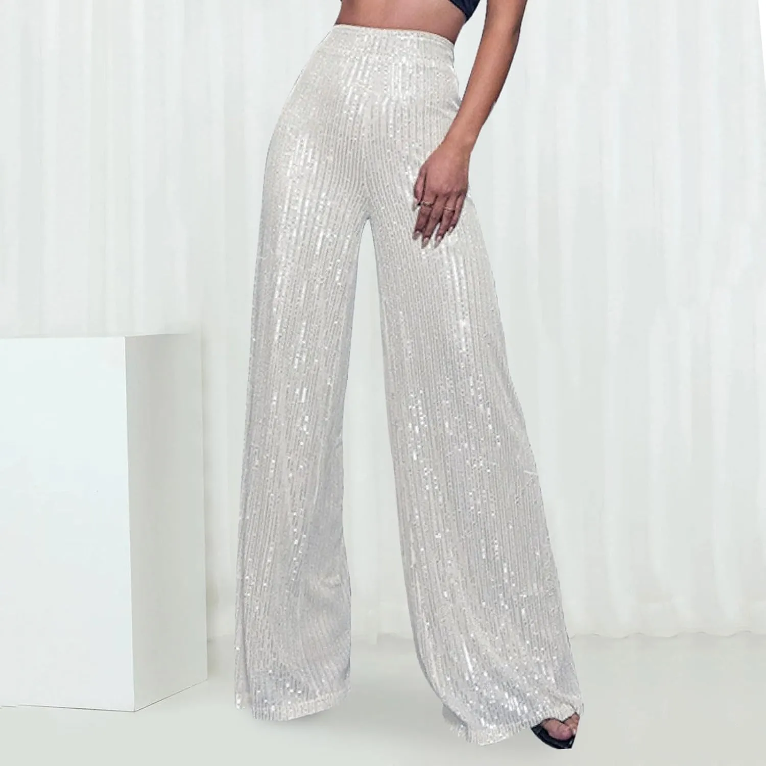 Sequin Pants Women Fashion High Waist Flowy Pants Sparkly Wide Leg Trousers Elastic Loose Side Zipper Shiny Pants