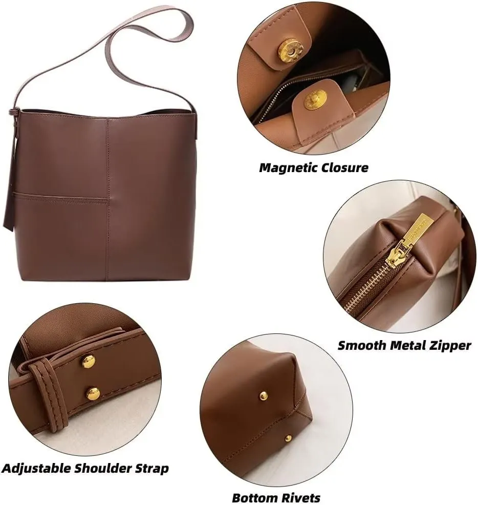 Shoulder Bag for Women Minimalist Bucket Bag Spacious Tote Handbag Everyday Commuter Bag with Zipper Cosmetic Pouch