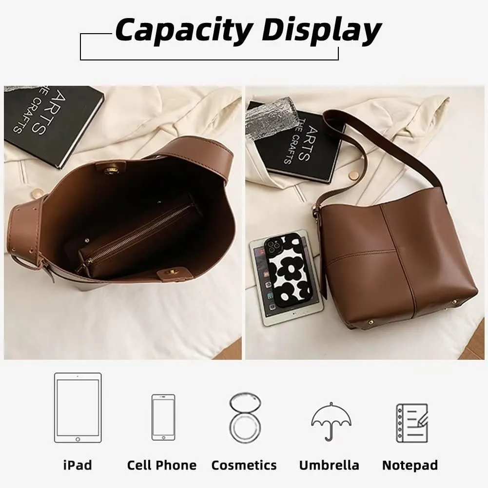 Shoulder Bag for Women Minimalist Bucket Bag Spacious Tote Handbag Everyday Commuter Bag with Zipper Cosmetic Pouch