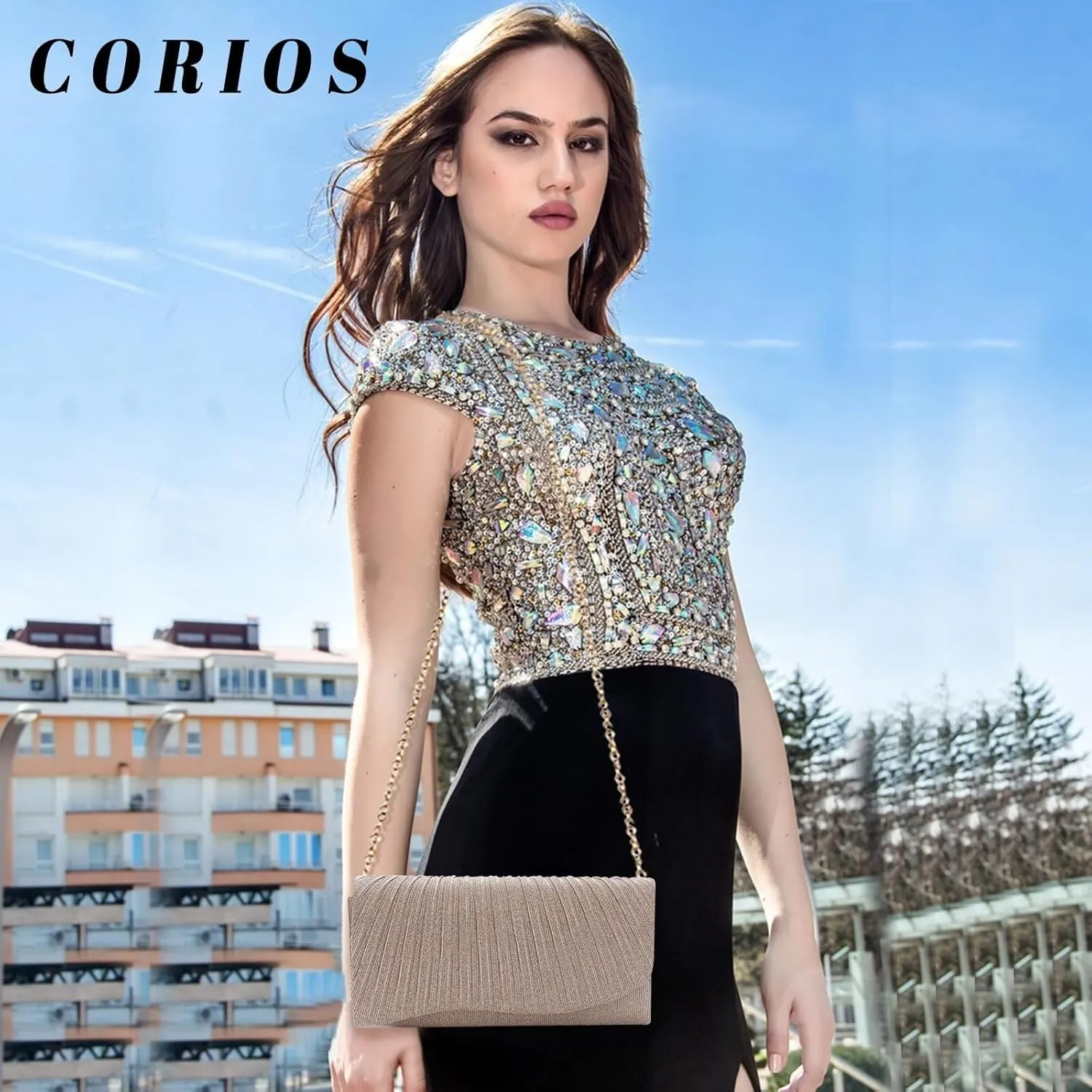 Shoulder Glitter Handbag with Long Chain Elegant Party Women Evening Shiny Sequins Clutch Bridal Wedding Purse