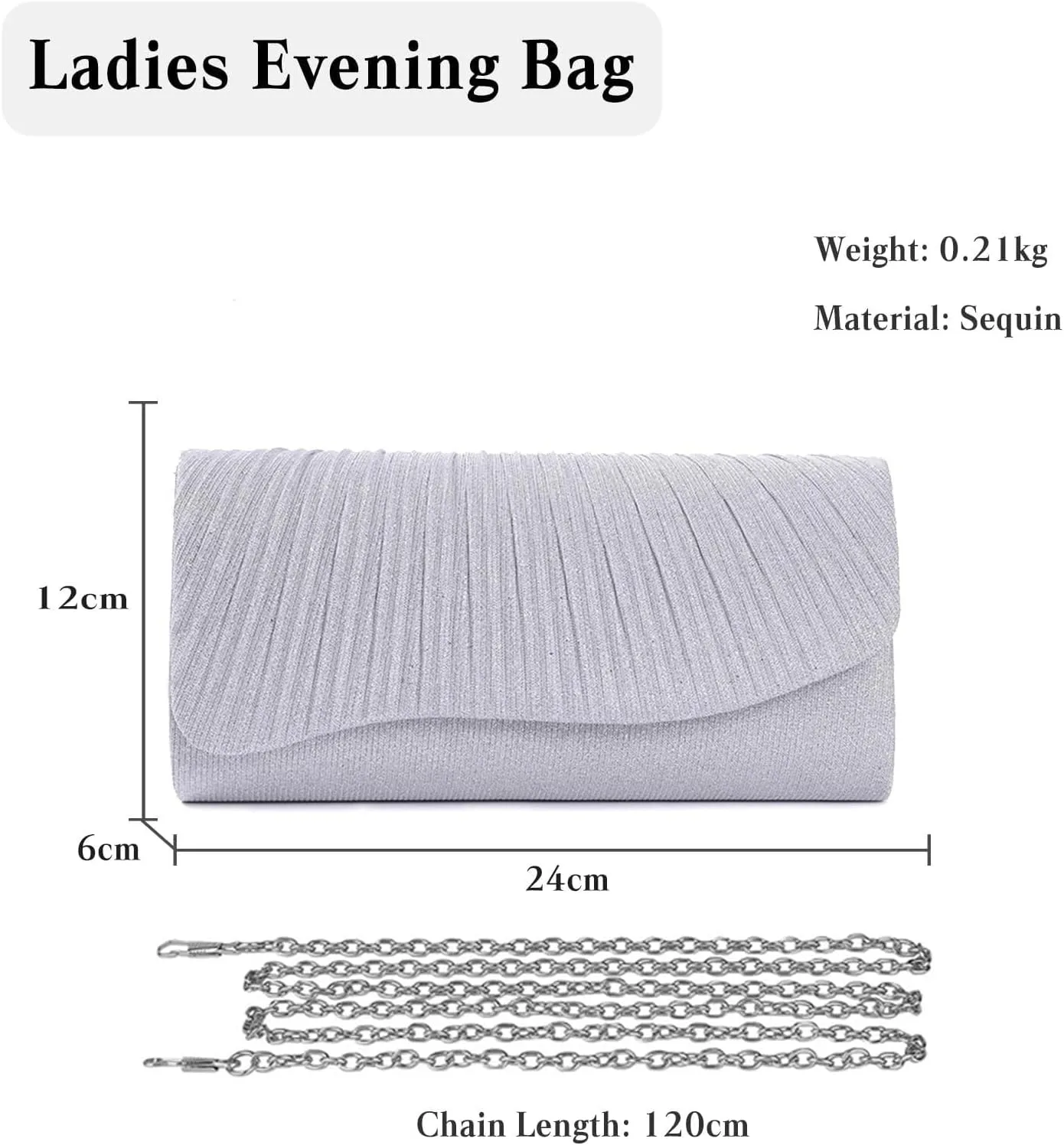 Shoulder Glitter Handbag with Long Chain Elegant Party Women Evening Shiny Sequins Clutch Bridal Wedding Purse