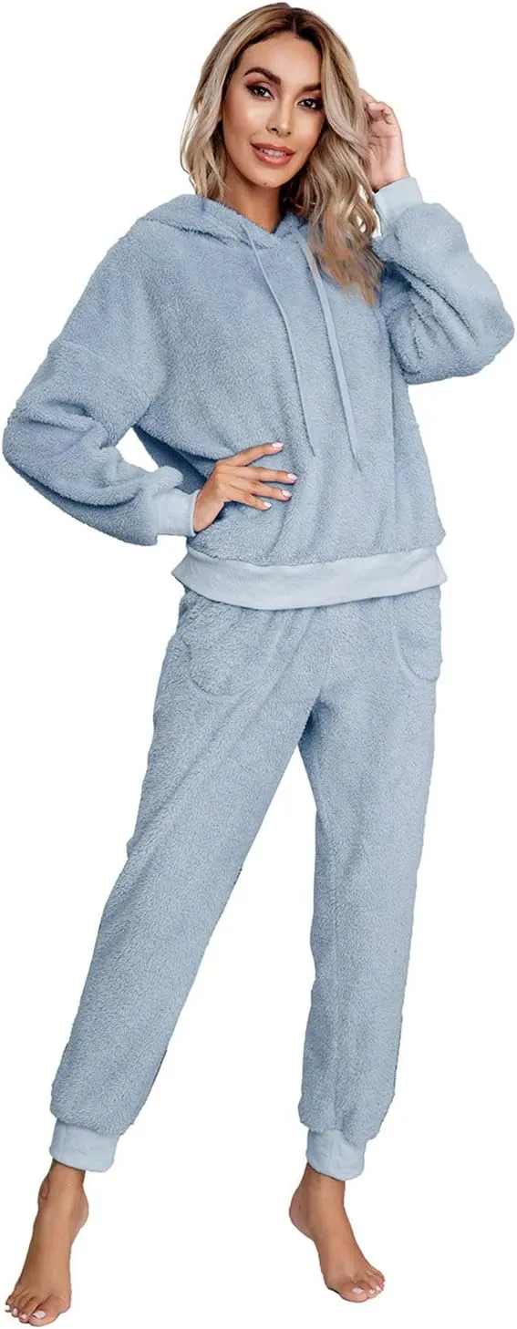 SIAEAMRG Womens Fuzzy Sherpa Fleece Pajamas Set, Long Sleeve Hoodies Pajama Pants 2 Piece Outfits Loungewear Sleepwear