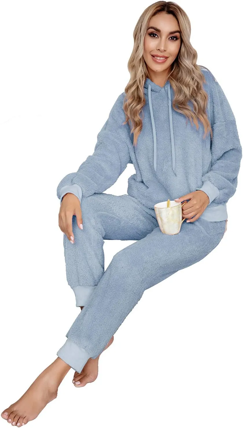 SIAEAMRG Womens Fuzzy Sherpa Fleece Pajamas Set, Long Sleeve Hoodies Pajama Pants 2 Piece Outfits Loungewear Sleepwear