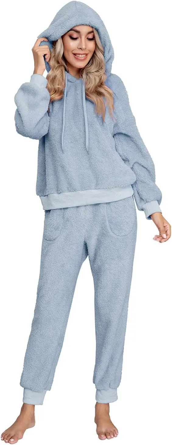 SIAEAMRG Womens Fuzzy Sherpa Fleece Pajamas Set, Long Sleeve Hoodies Pajama Pants 2 Piece Outfits Loungewear Sleepwear