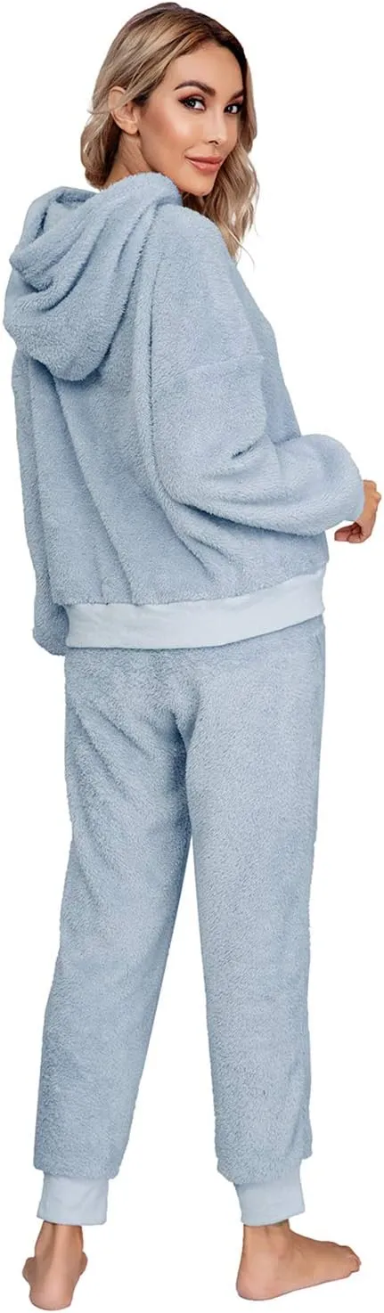 SIAEAMRG Womens Fuzzy Sherpa Fleece Pajamas Set, Long Sleeve Hoodies Pajama Pants 2 Piece Outfits Loungewear Sleepwear