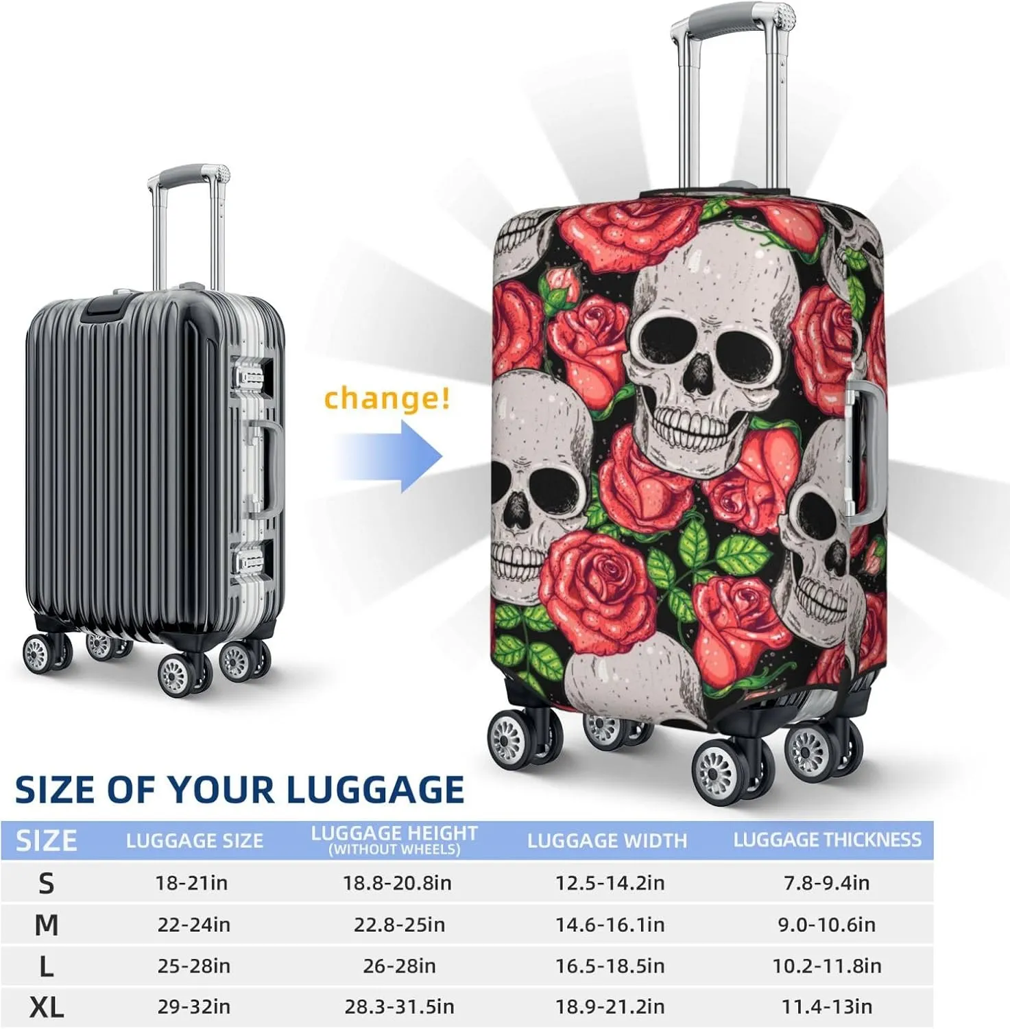 Skull And Roses Luggage Cover,Washable Suitcase Covers Fashion Luggage Covers,Anti-Scratch Suitcase Protector Cover