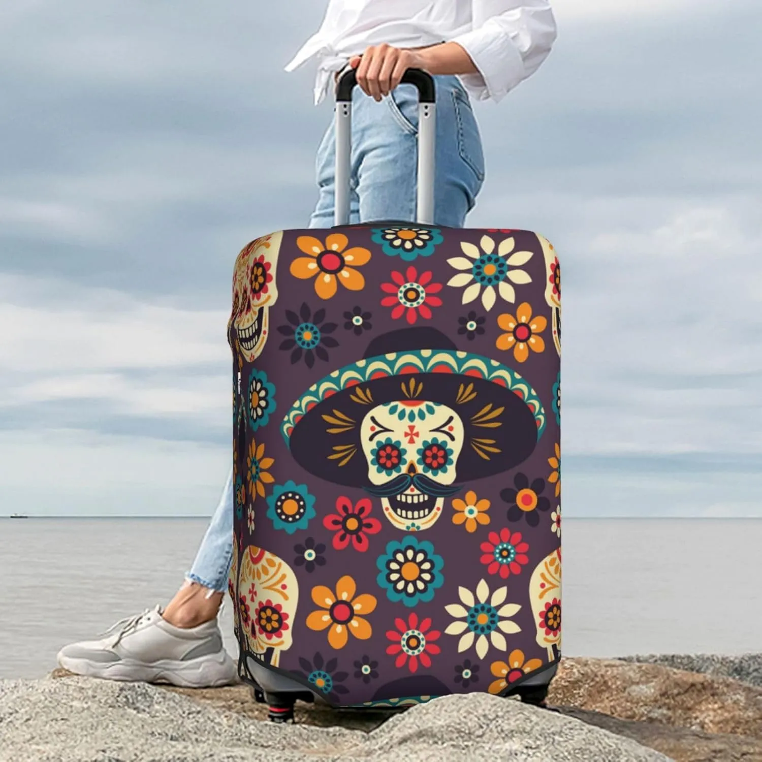 Skulls And Flowers Luggage Cover,Washable Suitcase Covers Fashion Luggage Covers,Anti-Scratch Suitcase Protector Cover