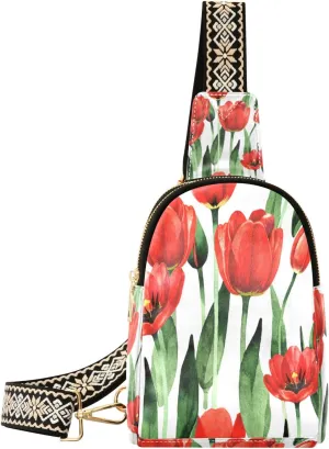 Small Sling Bag Waist Packs Leather Crossbody Packs Chest Bag Elegant Red Tulips for Women Travel Belt Purse