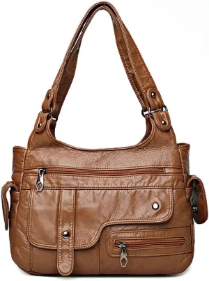 Soft Leather Shoulder Bag for Women Multi-pockets Tote Handbag Vintage Hobo Bag Roomy Top Handle Satchel for Daily Use