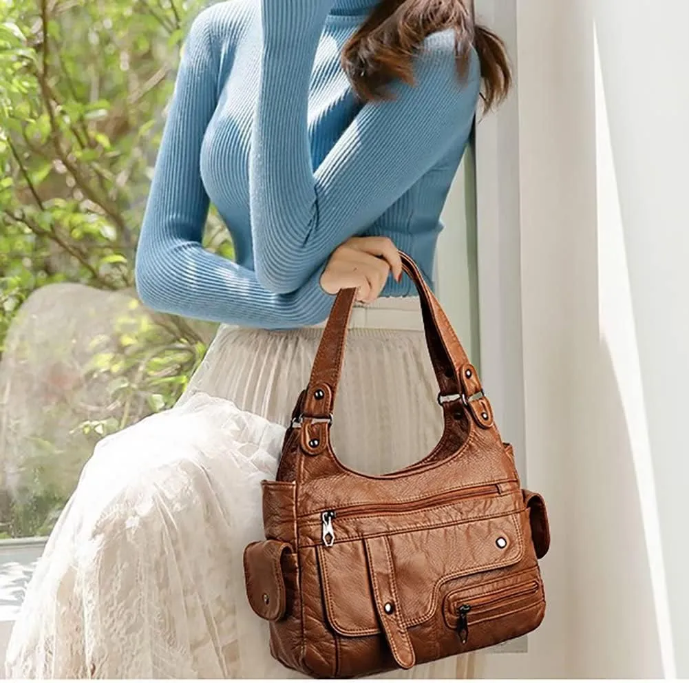 Soft Leather Shoulder Bag for Women Multi-pockets Tote Handbag Vintage Hobo Bag Roomy Top Handle Satchel for Daily Use