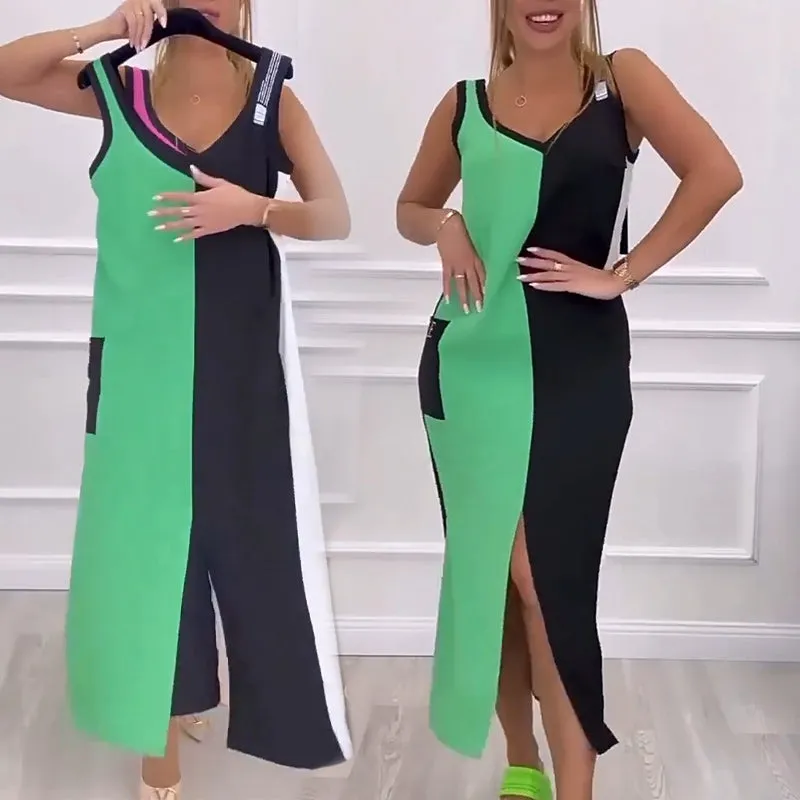 Spring Specials V-Neck Color Blocked Sleeveless Knit Dress